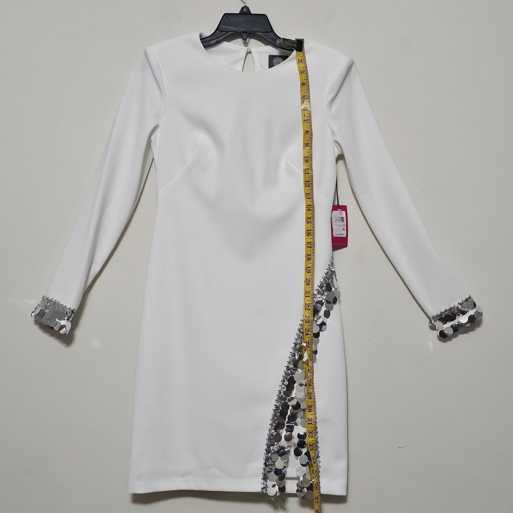 Vince Camuto Dress 6 Fits Small White Round‎ Neck Long Sleeves Sequin Slit  0756 - Picture 5 of 14